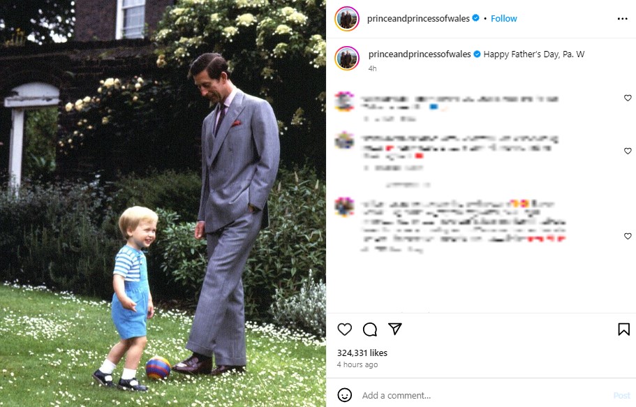 1984年6月に撮影した、ウィリアム王子とチャールズ皇太子（ともに当時）の親子写真。当時1歳だったウィリアム王子が、愛らしい笑顔を浮かべている（『The Prince and Princess of Wales　Instagram「Happy Father’s Day, Pa. W」』より）