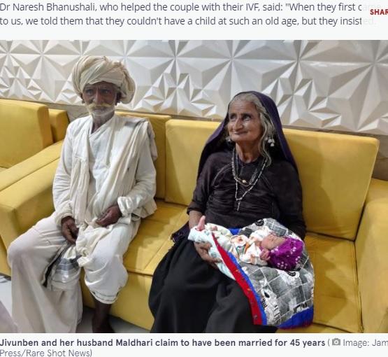 印グジャラート州の村に住む70歳女性が2021年10月、75歳の夫との間に男の子を出産。「体外受精に年齢制限を設けるべき」という非難の声が多数あがっていた（『The Mirror　「Woman, 70, becomes ‘one of world’s oldest mums’ as she welcomes first baby」（Image: Jam Press Vid/Rare Shot News）』より）
