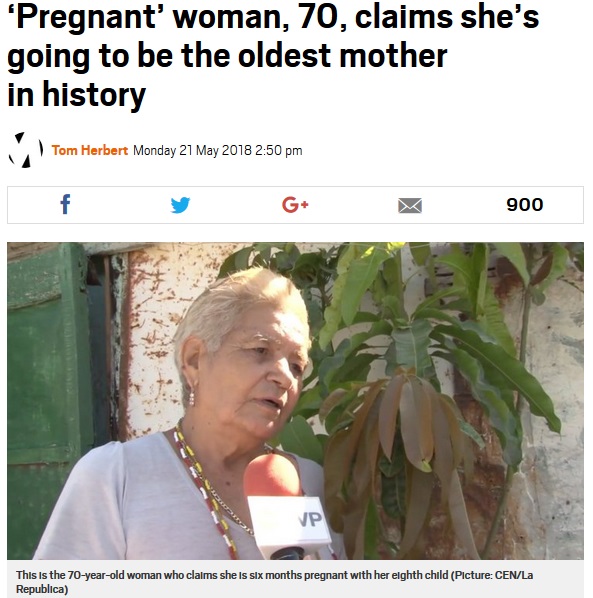 2018年5月、メキシコの70歳女性が第8子を妊娠中と伝えられた。当時、彼女の子供たちの数人が「妊娠するには高齢すぎる」と話していた（『Metro　「‘Pregnant’ woman, 70, claims she’s going to be the oldest mother in history」（Picture: CEN/La Republica）』より）