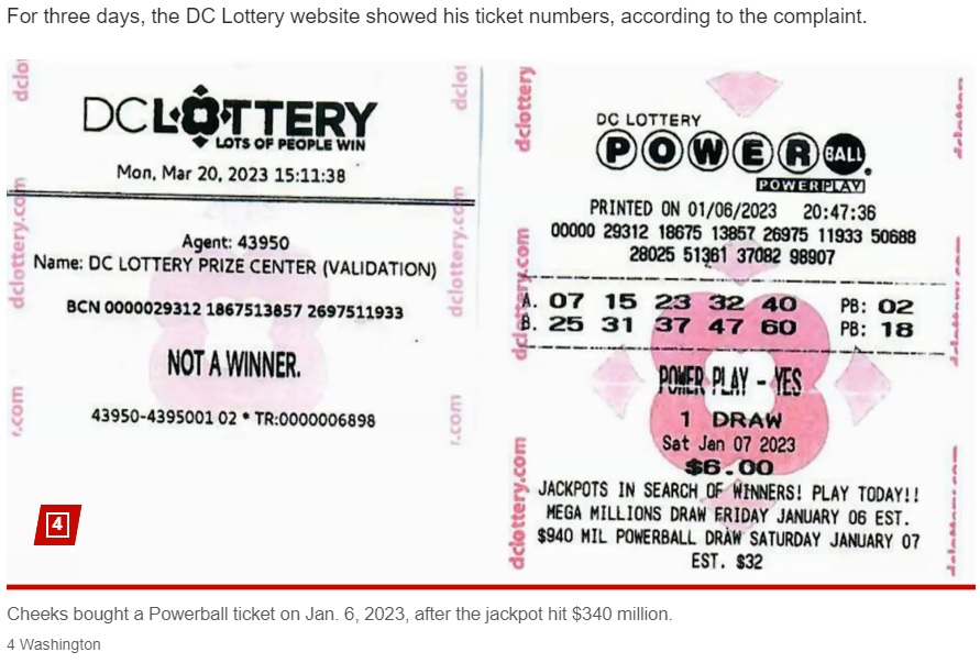 2023年1月、米宝くじ「パワーボール」を購入した男性。ウェブサイトで当選番号の一致を確認して500億円超の当選金を受け取ろうとしたが、ウェブサイトの当選番号が誤った数字だったことが判明した。男性は納得できず、訴訟を起こしたという（『New York Post　「Powerball player John Cheeks denied ＄340M lottery jackpot over website ‘mistake’」（4 Washington）』より）