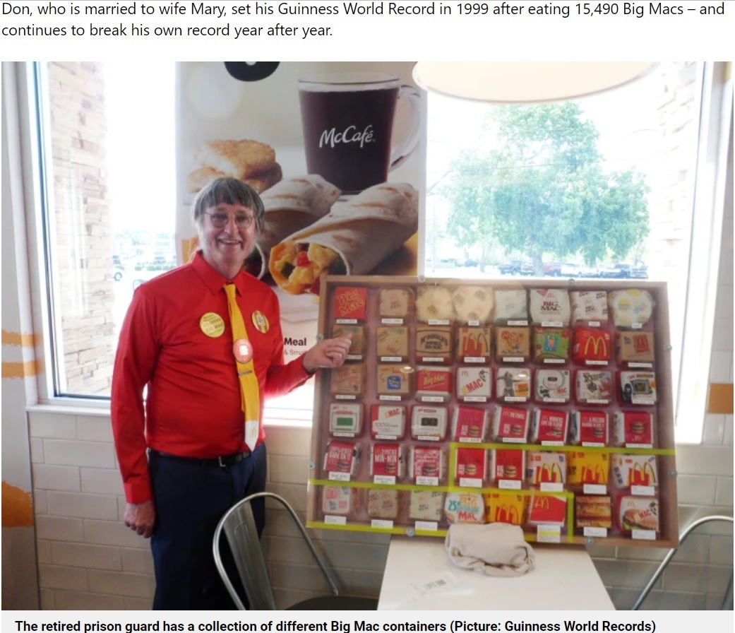 米ウィスコンシン州在住の男性は2022年5月、ビッグマックを毎日食べ続けて50年目の記念日を迎えた。「世界で最もビッグマックを食べた男性」としてギネス記録に認定されている（『Metro　「McDonald’s lover has eaten a Big Mac nearly every day for 50 years」（Picture: Guinness World Records）』より）