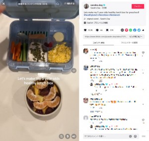 彩りよく、様々な食材が詰められたフォックス君のお弁当。しかし、炭水化物が少ないという指摘が相次いでしまった（『Sarah’s Day　TikTok「Lets make my 5 year olds healthy lunch box for preschool!」』より）