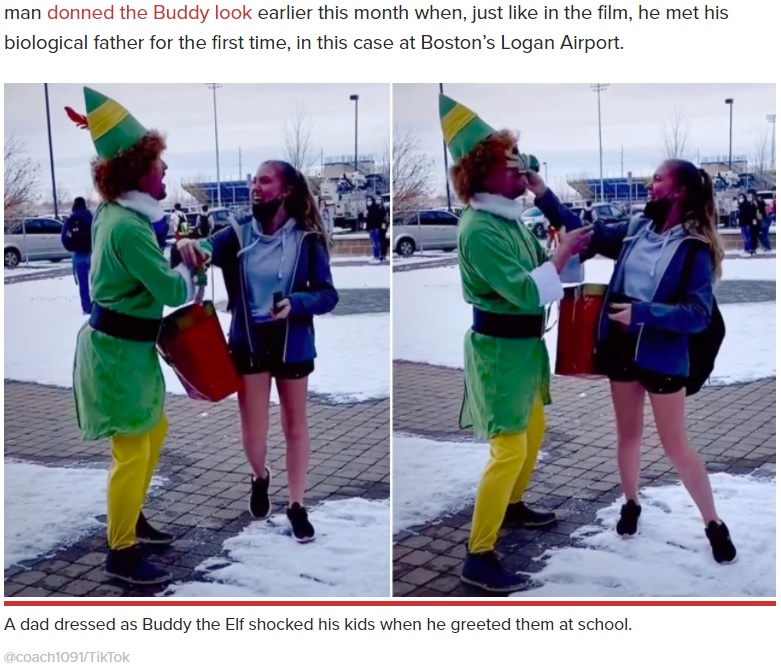 米アイダホ州在住のある父親は2020年、娘を驚かせるためにコスプレして高校に迎えにいった。娘は赤面しながらも「パパ大好き！」と伝えていた（『New York Post　「Dad dressed as Buddy the Elf surprises mortified daughter at school」（＠coach1091/TikTok）』より）