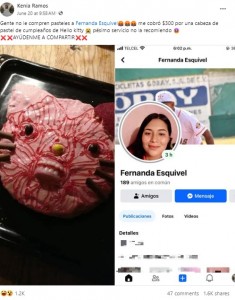ケニアさんがFacebookでシェアしたハローキティの誕生日ケーキの写真と女性パティシエのプロフィール。「サービスは最悪。お勧めすることはできない」と訴えた（『Kenia Ramos　Facebook「Gente no le compren pasteles a Fernanda Esquivel」』より）