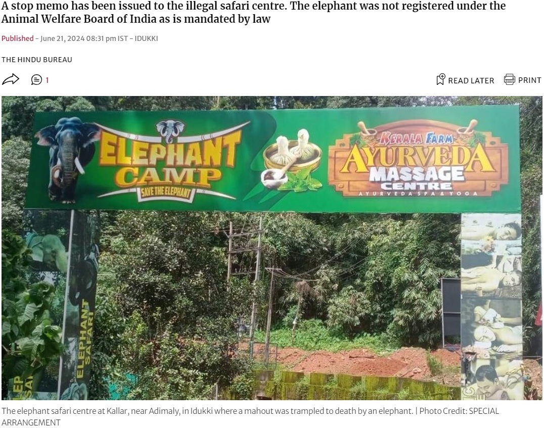 印ケララ州にあるゾウのサファリセンター「ケララ・ファーム」で調教師が死亡。ゾウの攻撃は執拗に続いたという（『The Hindu　「Elephant kills mahout, Forest dept. files case against safari centre in Kerala」（Photo Credit: SPECIAL ARRANGEMENT）』より）