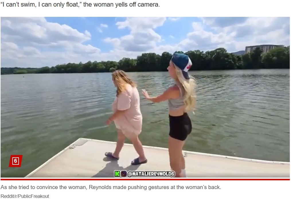 借り物競争で湖の中を探す必要があったインフルエンサー（右）。桟橋にいた女性に、代わりに飛び込んでくれるように話しかけた（『New York Post　「Influencer pays woman who can’t swim ＄20 to jump in lake ― then runs away when she cries for help」（Reddit/r/PublicFreakout）』より）