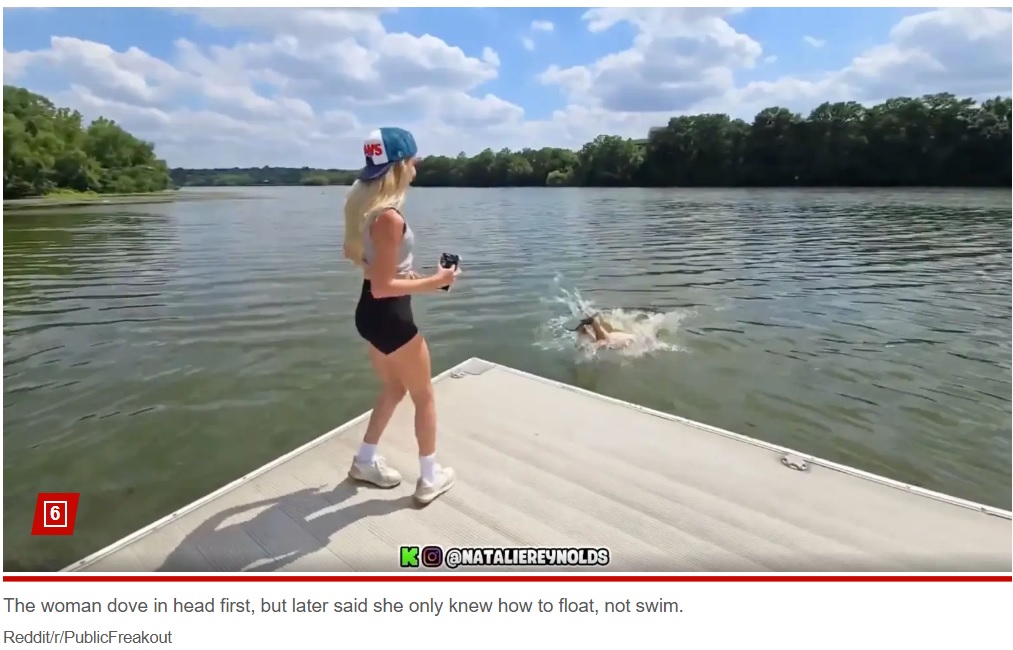 「泳げない」と話す女性だったが、ナタリーさんがしつこかったためか、助走をつけて頭から湖に飛び込んだ（『New York Post　「Influencer pays woman who can’t swim ＄20 to jump in lake ― then runs away when she cries for help」（Reddit/r/PublicFreakout）』より）