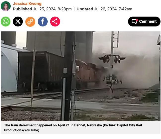 今年4月、米ネブラスカ州で発生した列車の脱線事故。今月24日に17歳の少年が事故を引き起こしたとして起訴された（『Metro　「Teenager ‘deliberately forced train to crash for a YouTube video’」（Picture: Capitol City Rail Productions/YouTube）』より）