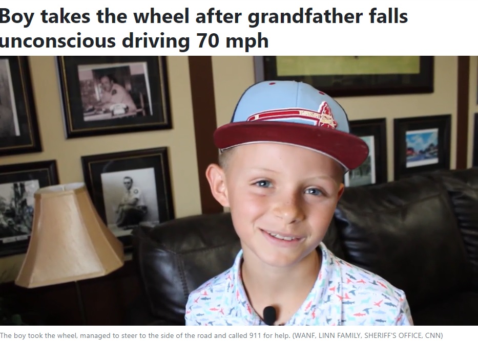 糖尿病の発作を起こし意識を失った祖父に代わり、高速道路を走行中のピックアップトラックを停止させ、緊急通報した10歳男児（『WLOX　「Boy takes the wheel after grandfather falls unconscious driving 70 mph」』より）