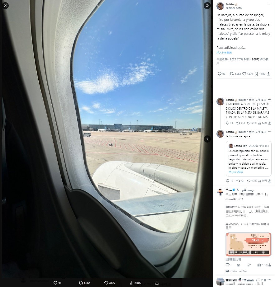 スペインの空港で離陸直前の機内から窓の外を見た男性。遠くに2つのスーツケースがポツンと置き去りにされているのを発見した（『Totito　X「En Barajas, a punto de despegar, miro por la ventana y veo dos maletas tiradas en la pista.」』より）