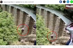 鉄道橋で写真撮影をしていた夫婦。電車が接近することに気付かず、27m下の渓谷にジャンプして重傷を負った（『Times Now　「Video: Couple On Photoshoot Jumps Into 90-Ft Gorge To Avoid Getting　Run Over By Train」』より）