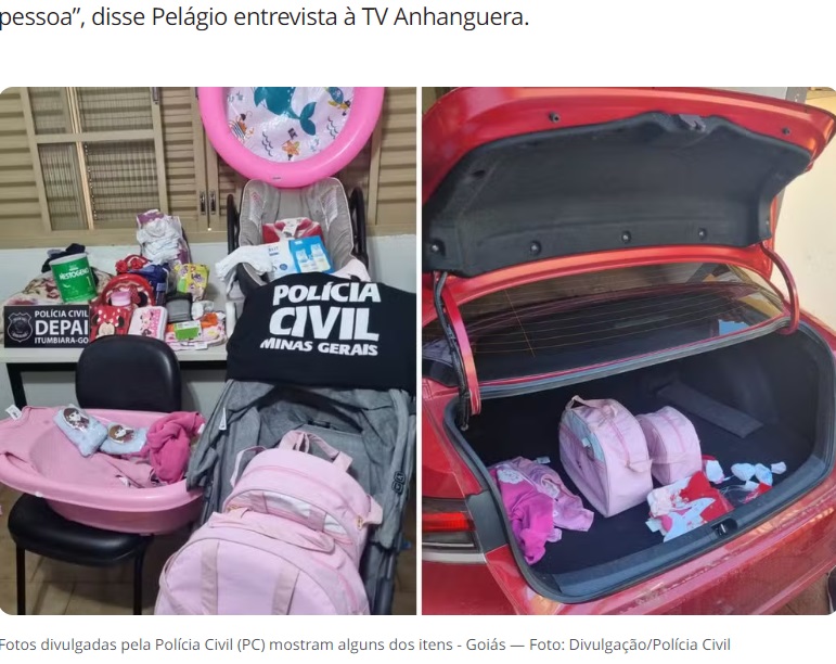 クラウディアの家や車のトランクの中から見つかったミルク、オムツ、ベビーカー、ピンク色のベビーバスやおもちゃなど。警察は「あらかじめ誘拐を計画していたのではないか」とみている（『G1　「Saiba quem é a médica presa suspeita de sequestrar bebê horas após o parto」（Foto: Divulgação/Polícia Civil）』より）