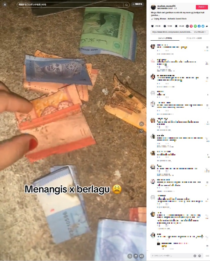タンス預金をしていたマレーシアの女性。2か月間かけて貯めた現金がシロアリの被害に（『MADAMAMA SHOP　TikTok「Moga Allah swt gantikan rezeki utk my mom yg berlipat kali gandaa....」』より）
