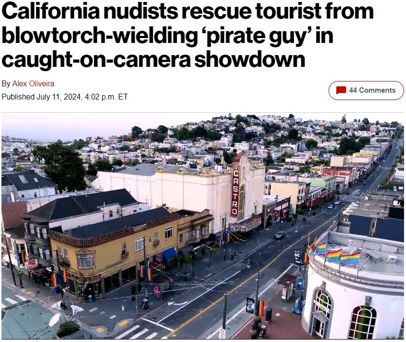 米カリフォルニア州サンフランシスコのカストロ地区で観光客が不審者に絡まれた。それを見た男性2人は…（『New York Post　「California nudists rescue tourist from blowtorch-wielding ‘pirate guy’ in caught-on-camera showdown」』より）