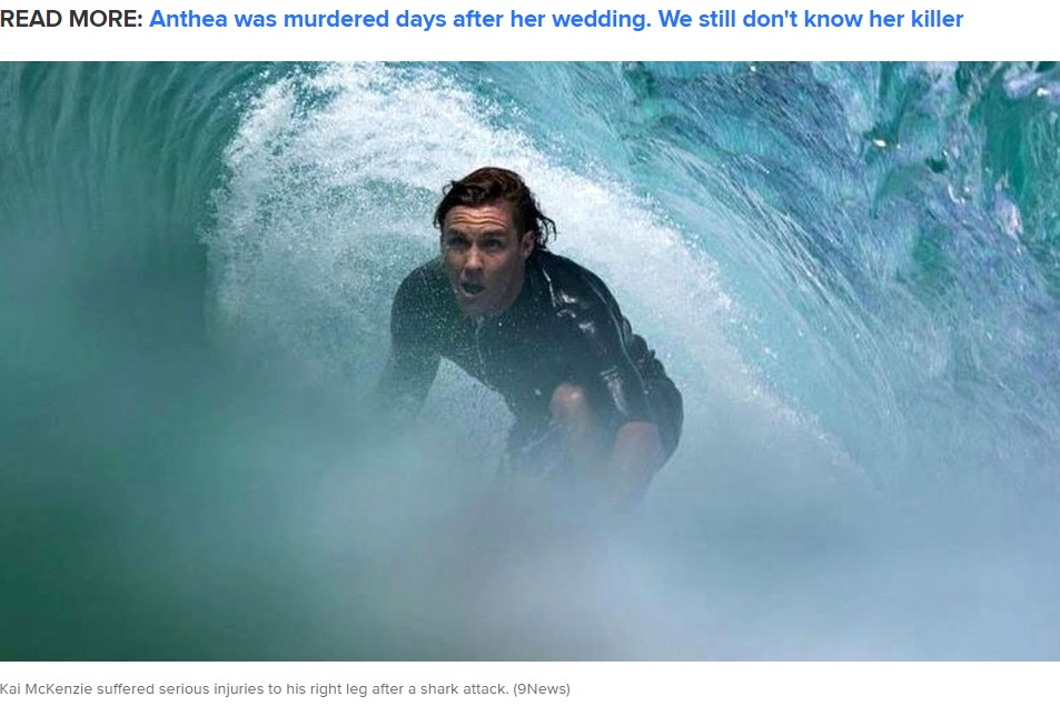 豪ニューサウスウェールズ州ポートマッコリー近くのビーチでホホジロザメに襲われたフリーサーファー、カイ・マッケンジーさん（23）（『9News　「‘Something missing?’: Surfer attacked by shark shares joke in social post」（9News）』より）