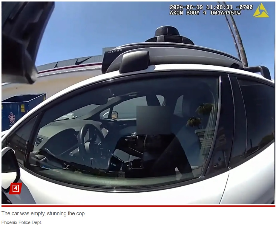 この車は、自動運転車開発企業の“ウェイモ（Waymo）”が運行していた無人タクシーで、警察官が車に近づくと自動で窓が開いた（『New York Post　「Cop confronts driverless Waymo car that ‘freaked out’ and drove into oncoming traffic」（Phoenix Police Dept.）』より）