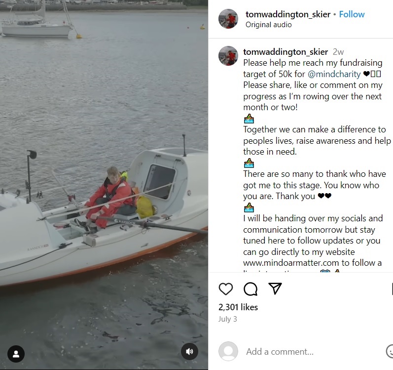 メンタルヘルスに関するチャリティ団体への寄付を募るため、手漕ぎボートで大西洋横断の世界記録更新に挑戦しているトム・ワディントンさん（『Tom Waddington　Instagram「Please help me reach my fundraising target of 50k for ＠mindcharity」』より）