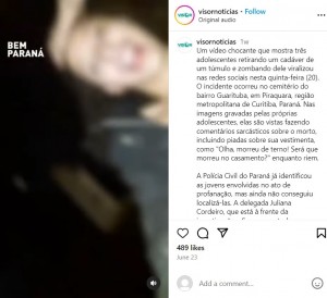 少女たちは遺体が着ている服を嘲笑う様子を撮影し、SNSに投稿していた（『visornoticias　Instagram「Um vídeo chocante que mostra três adolescentes retirando」』より）