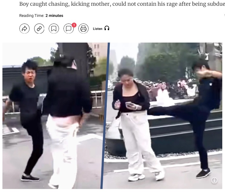 母親は身体が吹き飛ぶほど、少年に激しく蹴られていた（『South China Morning Post　「5 million watch clip of Chinese teen viciously attacking mum for refusing to give him cash」（Photo: Douyin）』より）