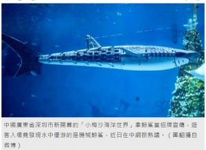 水槽のガラス越しに見てもロボットだとはっきり分かるジンベイザメ（『自由時報　「中國水族館展示「機器假鯨鯊」！遊客花逾千元入場傻眼」（圖翻攝自微博）』より）