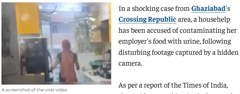 SNSには、リーナの犯行を捉えた監視カメラの映像が拡散された（『The Economic Times　「Shocking Ghaziabad viral video: Maid of eight years caught adding urine to family’s meals」』より）