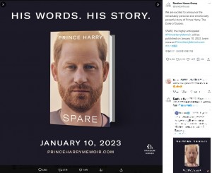 2023年1月に出版されたヘンリー王子の回顧録『Spare（原題）』（『Random House Group　X「We are excited to announce the remarkably personal and emotionally powerful story of Prince Harry, The Duke of Sussex.」』より）