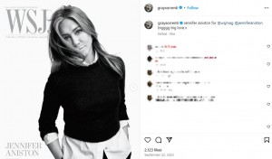 グレイさんが撮影した米誌『WSJ』の表紙。ジェニファー・アニストンがモデルを務めた（『GRAY　Instagram「Jennifer Aniston for ＠wsjmag」』より）