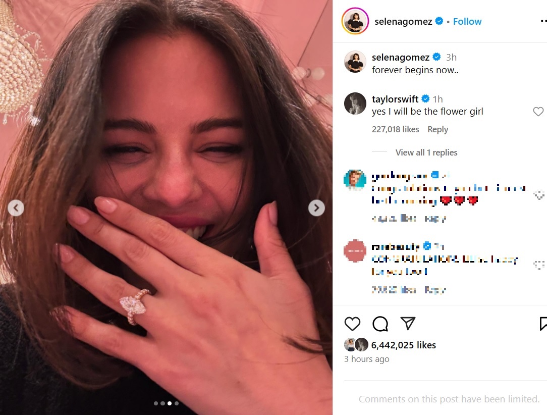 「私がフラワーガールをやるわ」と親友のテイラー・スウィフトも祝福コメント（『Selena Gomez　Instagram「forever begins now..」』より）